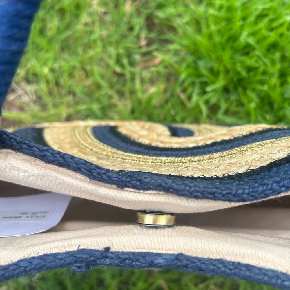 Jute Tote Straw Navy Blue and Tan Spiral Pattern Bag NWT - Picture 9 of 14